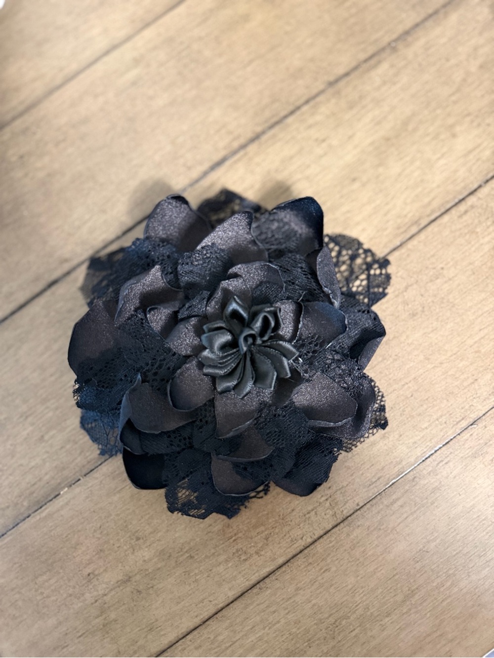 Black Satin & Lace Flower Hair Bow- Kids Accessories